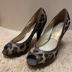 Michael Kors Brown Leopard Print Calf Hair Peep-Toe Platform Heel (size 6.5M)